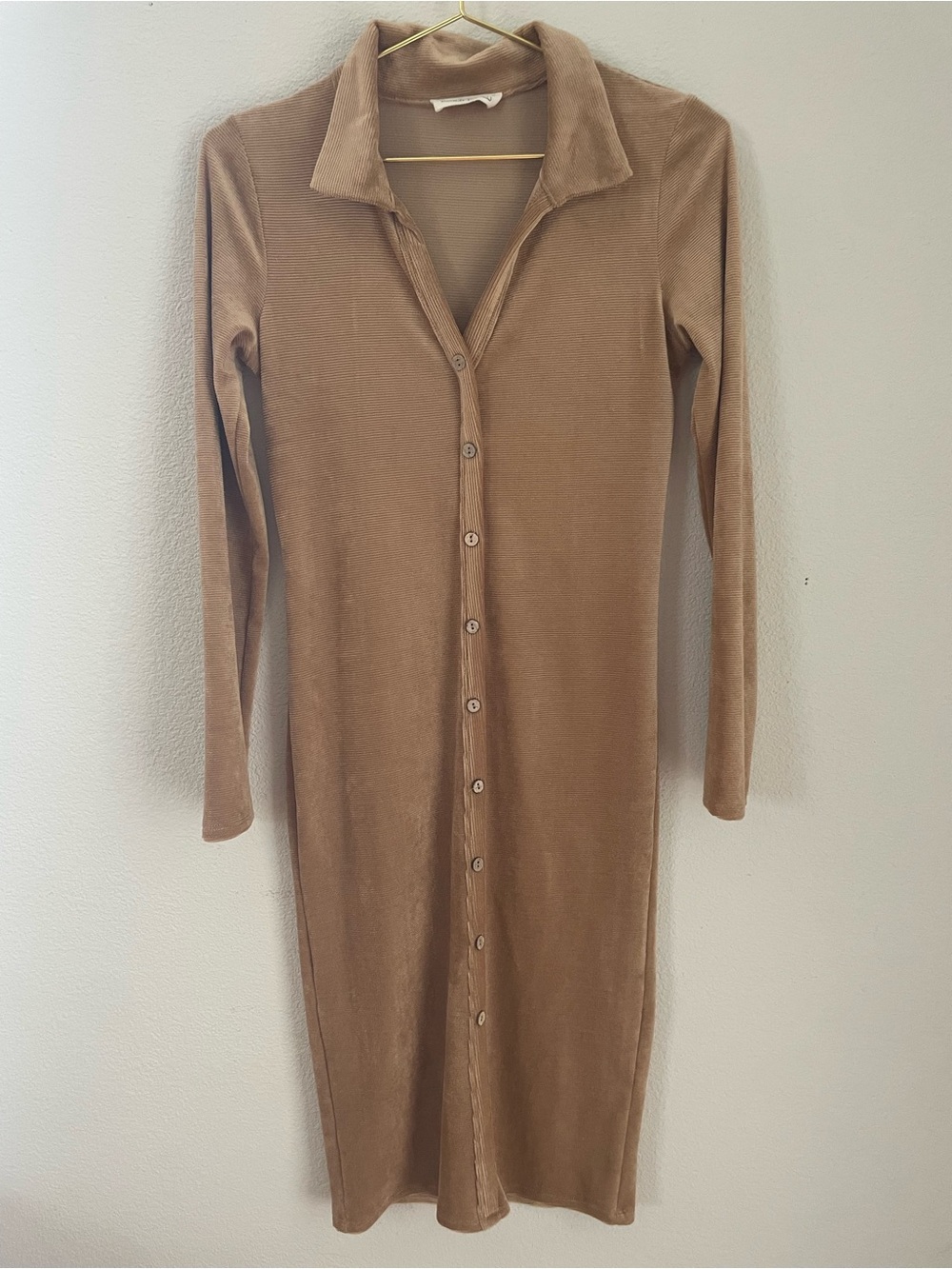 Peach Love California Camel Button-Front Long Sleeve Midi Dress